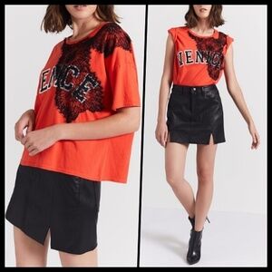 Current/Elliott Lace Embroidered Oversized Short Sleeve Tee Black Orange Small